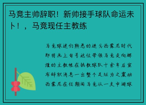 马竞主帅辞职！新帅接手球队命运未卜！，马竞现任主教练